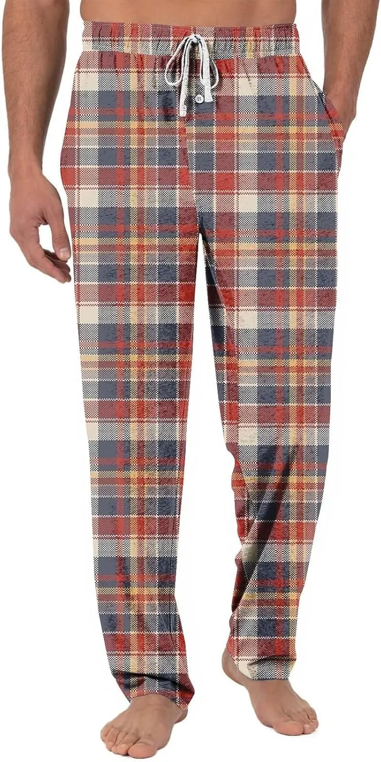 Big and Tall Lounge Pants for Men Soft Cotton Plaid Pajama Pants Loose Elastic Waist Lounging Trousers with Pockets