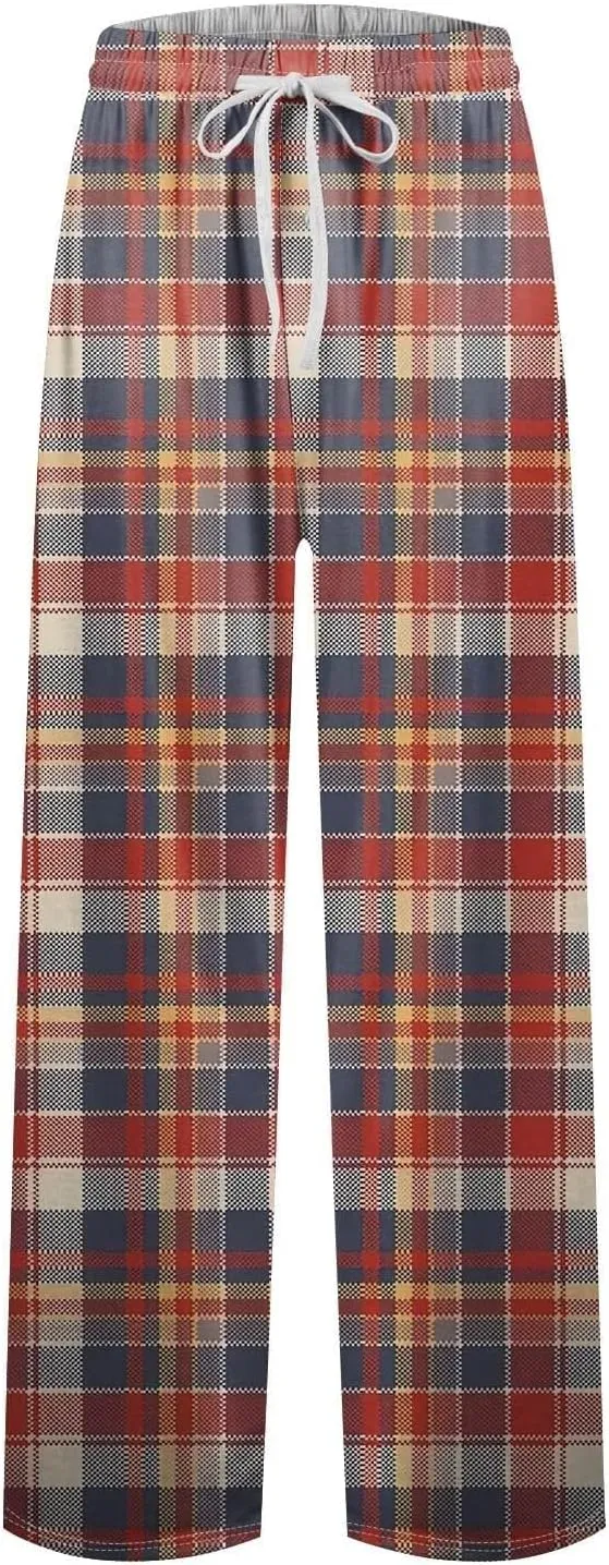 Big and Tall Lounge Pants for Men Soft Cotton Plaid Pajama Pants Loose Elastic Waist Lounging Trousers with Pockets