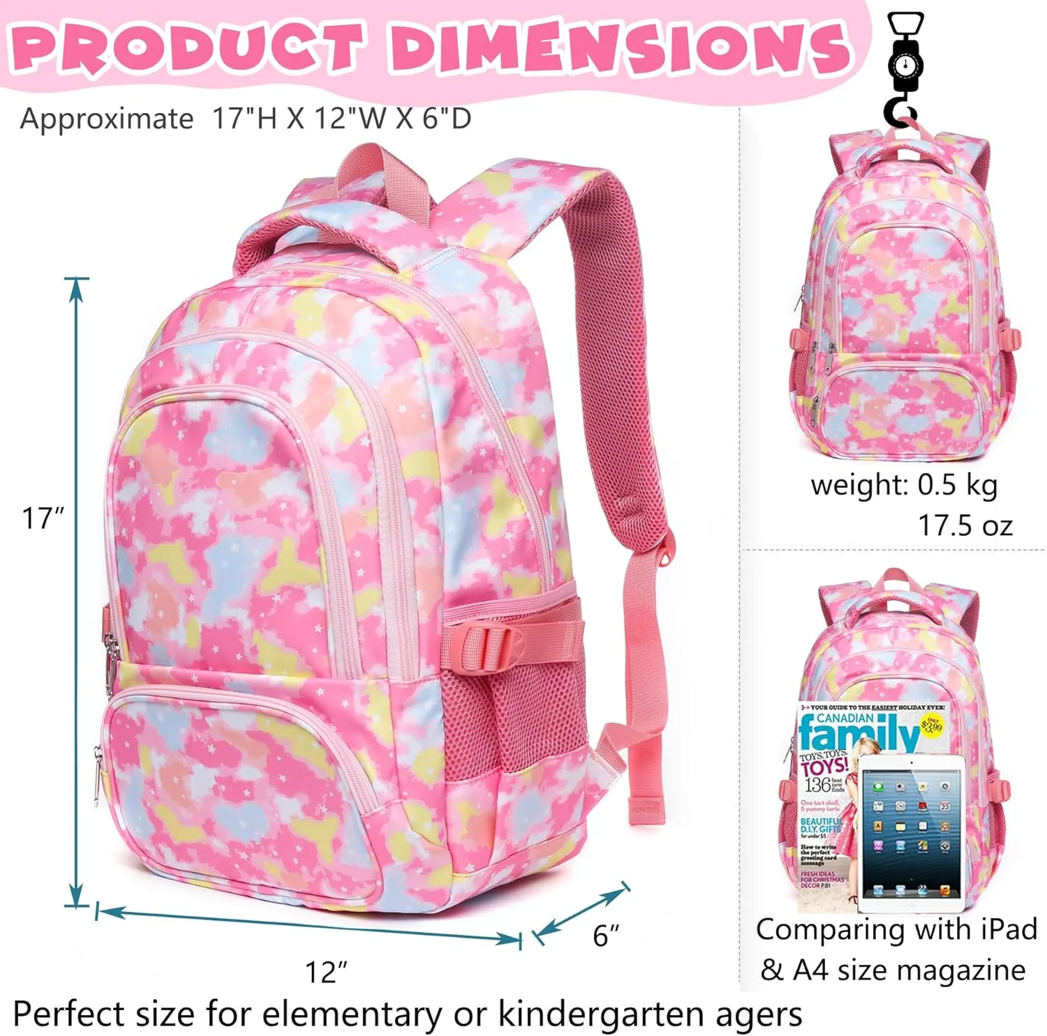 BLUEFAIRY Kids Backpack for Girls School Bookbags for Kindergarten Elementary School Bags for Preschool Cute Book Bags Back to School Gifts 17" Mochila para Niñas de 4 5 6 7 Tie-dye Pink