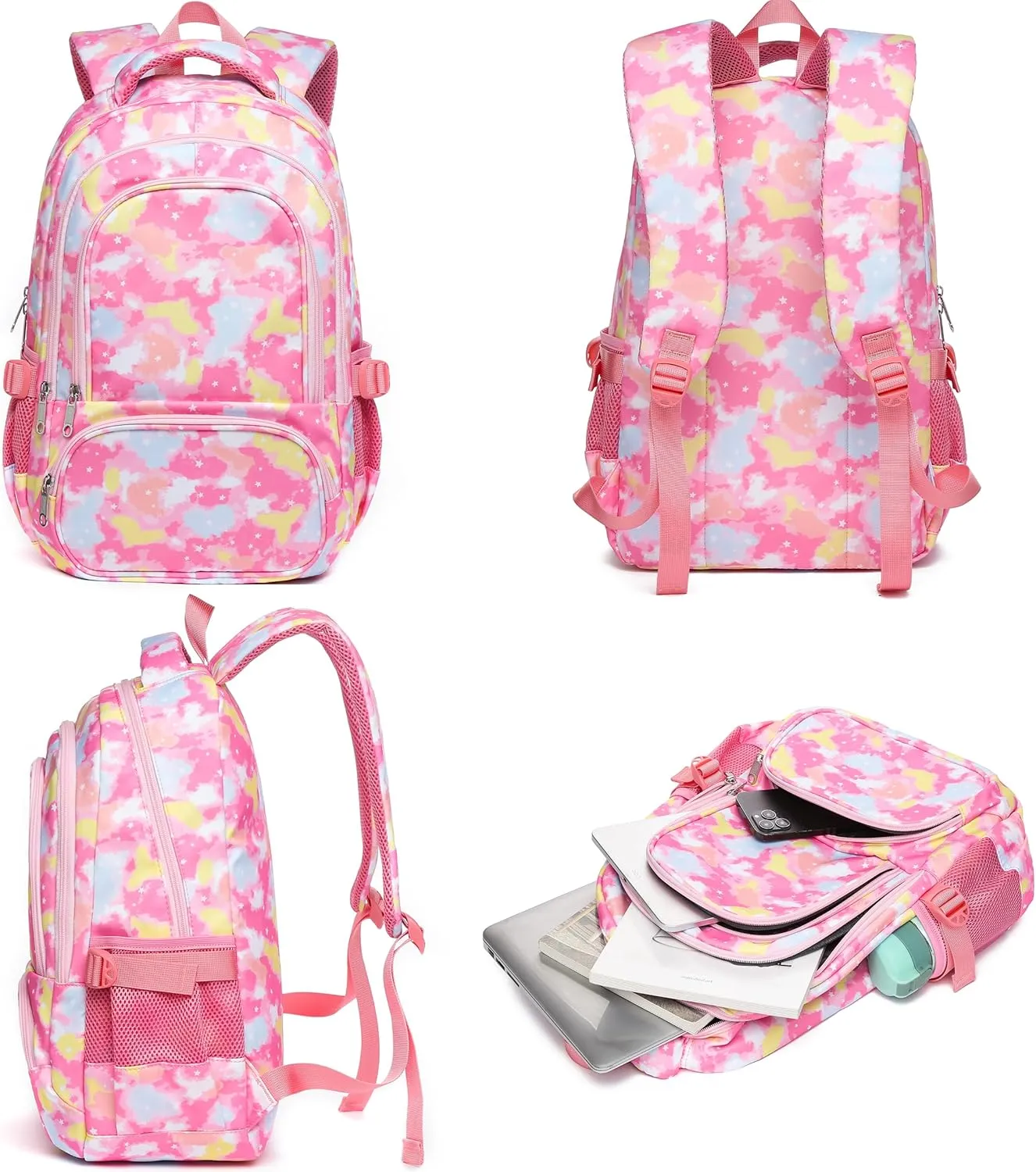 BLUEFAIRY Kids Backpack for Girls School Bookbags for Kindergarten Elementary School Bags for Preschool Cute Book Bags Back to School Gifts 17" Mochila para Niñas de 4 5 6 7 Tie-dye Pink