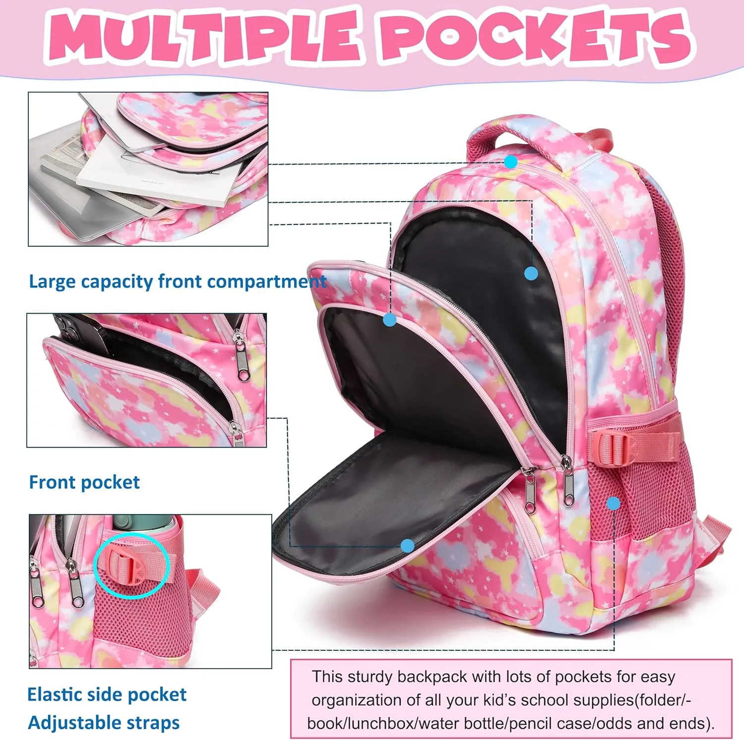 BLUEFAIRY Kids Backpack for Girls School Bookbags for Kindergarten Elementary School Bags for Preschool Cute Book Bags Back to School Gifts 17" Mochila para Niñas de 4 5 6 7 Tie-dye Pink