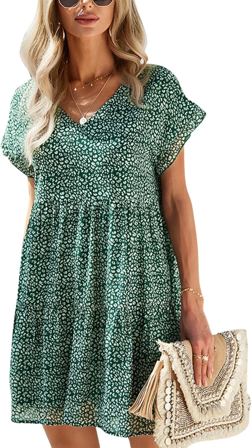 Boho Beach Dresses for Women Cute Floral V Neck Ruffle Sleeve Tiered Mini Dress Gift Boho Swimsuit Coverup for Women