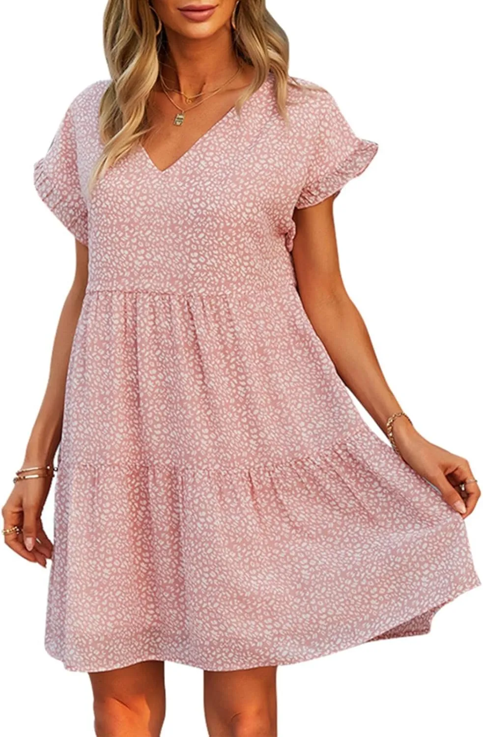 Boho Beach Dresses for Women Cute Floral V Neck Ruffle Sleeve Tiered Mini Dress Gift Boho Swimsuit Coverup for Women
