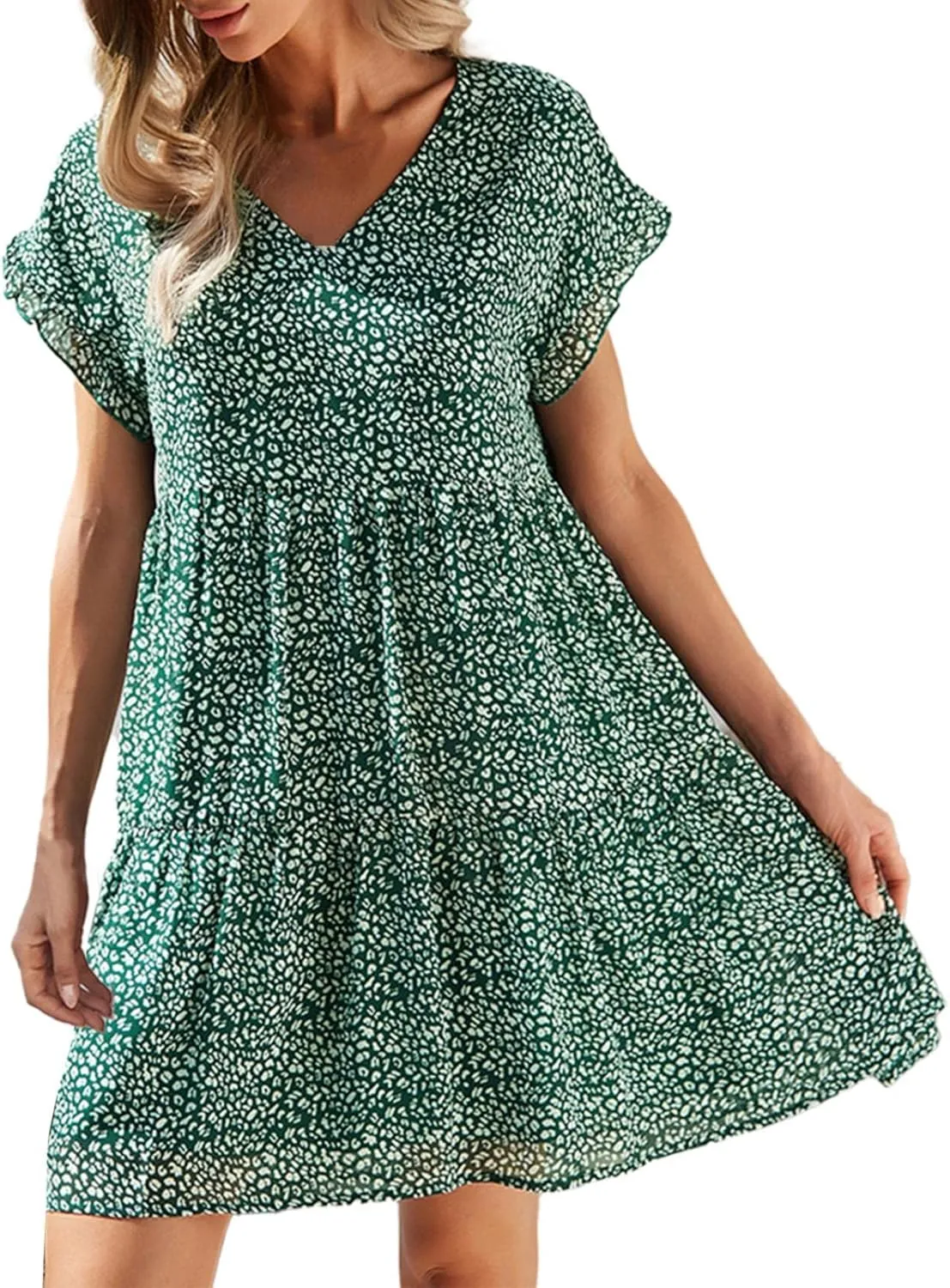 Boho Beach Dresses for Women Cute Floral V Neck Ruffle Sleeve Tiered Mini Dress Gift Boho Swimsuit Coverup for Women