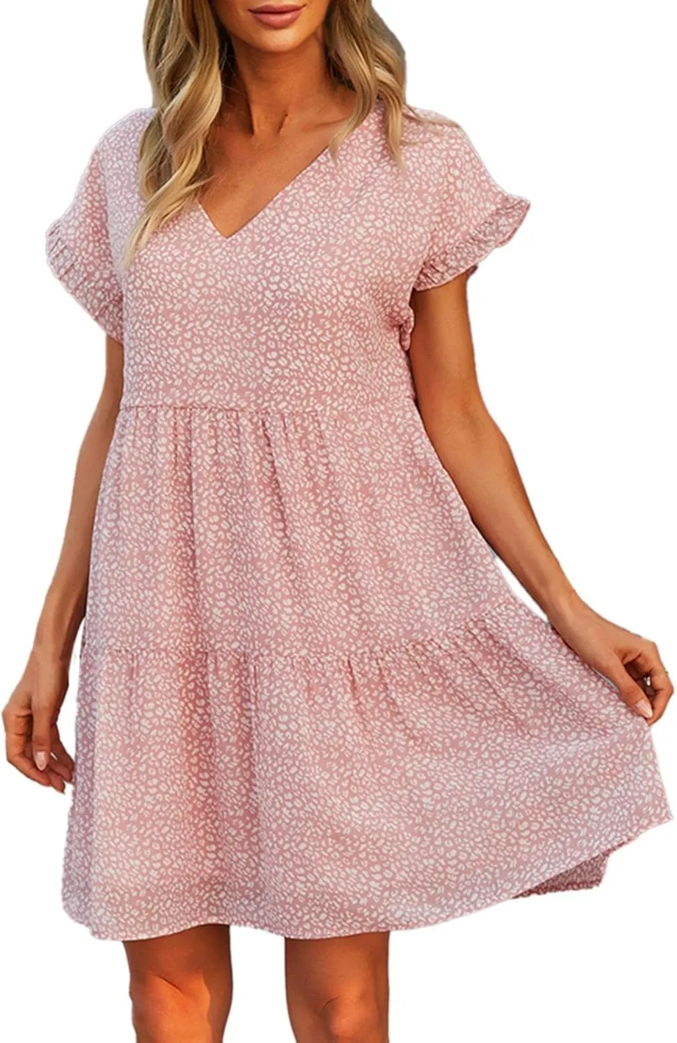 Boho Beach Dresses for Women Cute Floral V Neck Ruffle Sleeve Tiered Mini Dress Gift Boho Swimsuit Coverup for Women