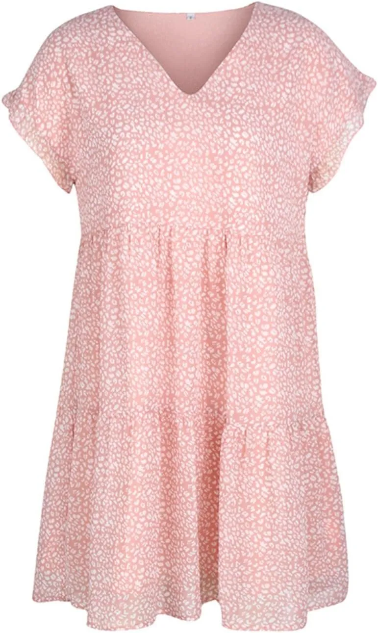 Boho Beach Dresses for Women Cute Floral V Neck Ruffle Sleeve Tiered Mini Dress Gift Boho Swimsuit Coverup for Women