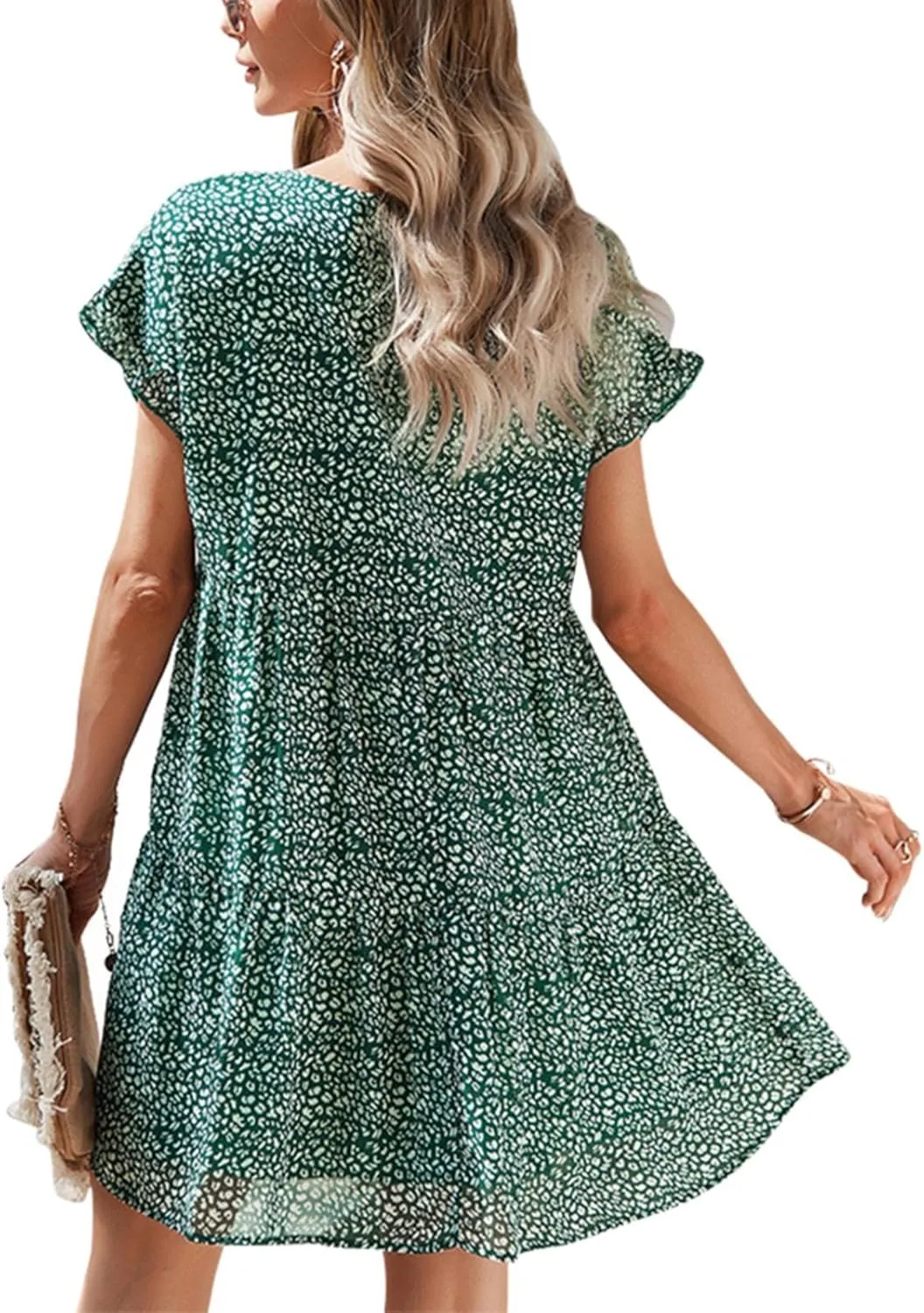 Boho Beach Dresses for Women Cute Floral V Neck Ruffle Sleeve Tiered Mini Dress Gift Boho Swimsuit Coverup for Women