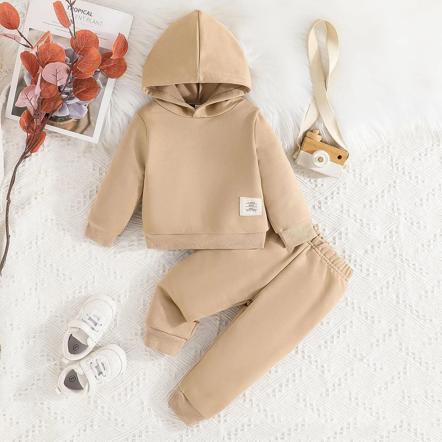 Boy's Solid Color Sets Long Sleeve Crewneck Pullover Hoodie and Jogger Sweatpants Set Classic Vacation Clothes