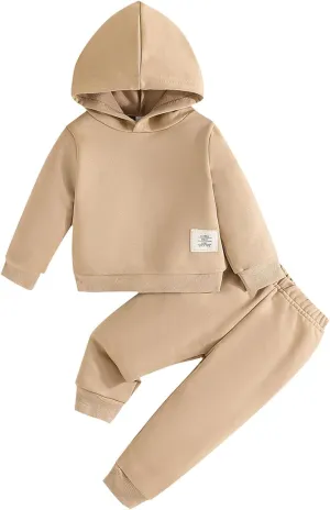 Boy's Solid Color Sets Long Sleeve Crewneck Pullover Hoodie and Jogger Sweatpants Set Classic Vacation Clothes