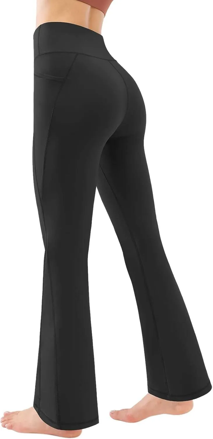 Butt Lifting Leggings for Women Solid Color High Waist Flared Yoga Pants with Pockets Slim Stretchy Yoga Leggings