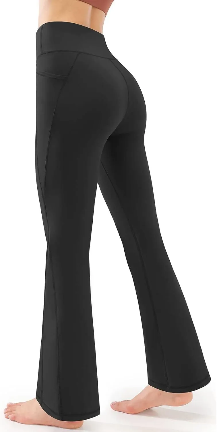 Butt Lifting Leggings for Women Solid Color High Waist Flared Yoga Pants with Pockets Slim Stretchy Yoga Leggings