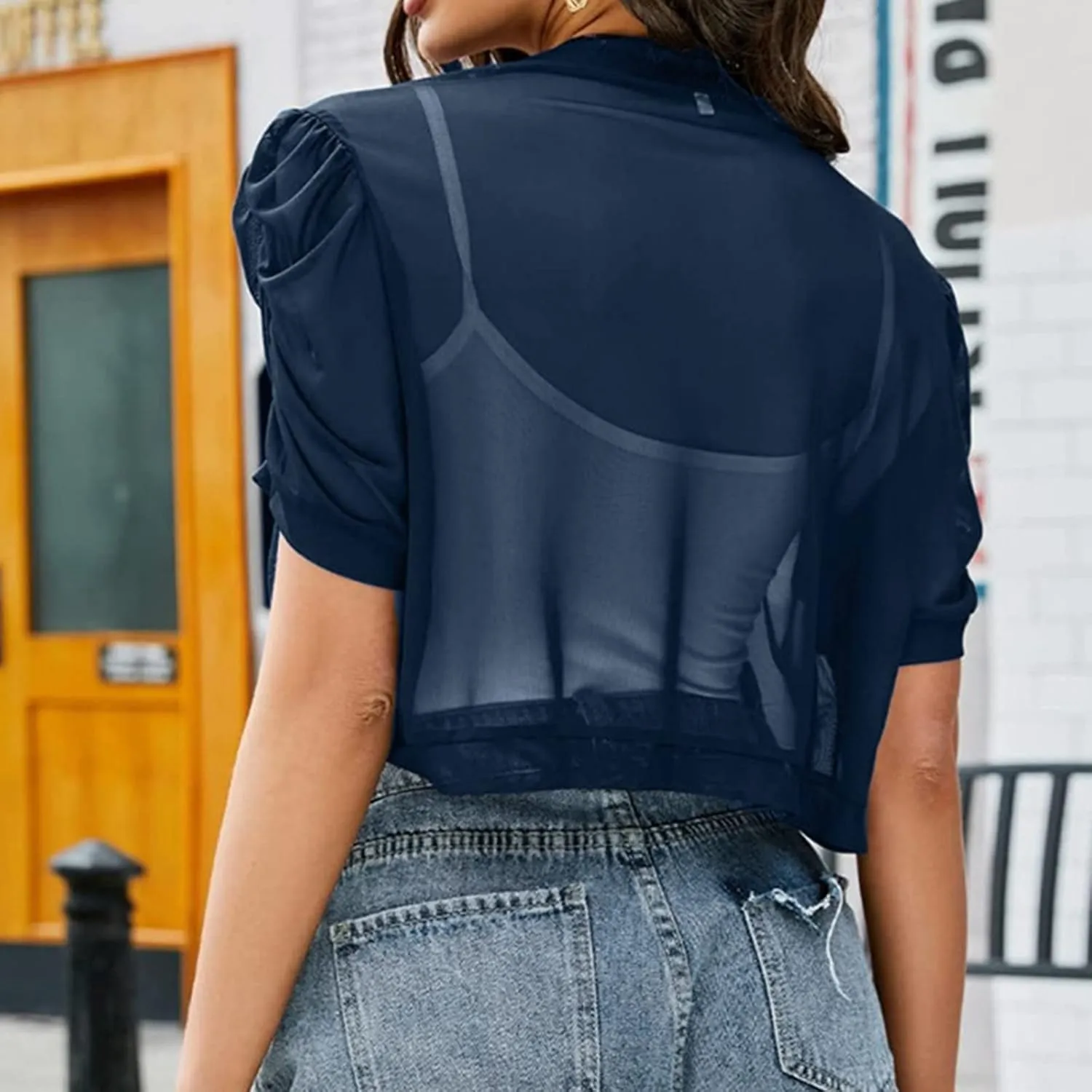 Cardigan for Women Cropped Solid Puff Sleeve Bolero Shrug Open Front Sheer Cardigans Elegant Ladies Summer Blouse Tops