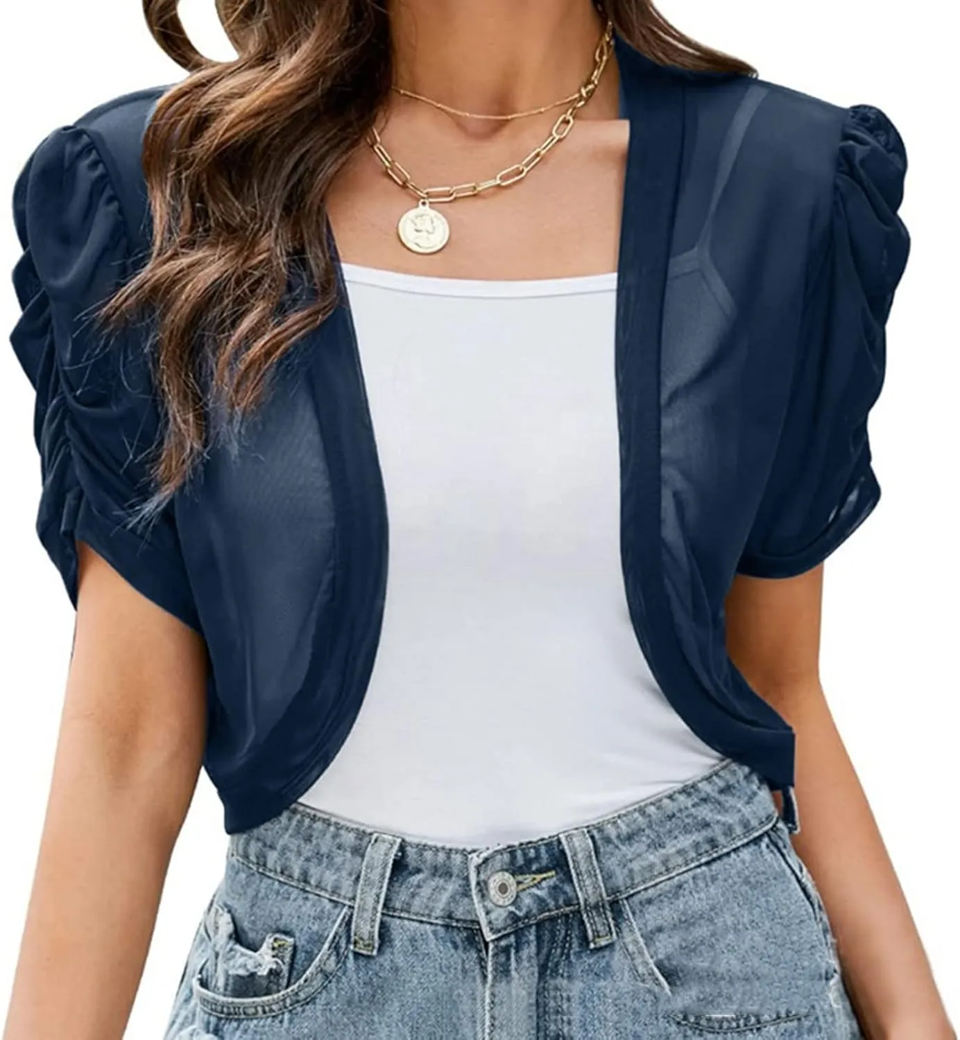Cardigan for Women Cropped Solid Puff Sleeve Bolero Shrug Open Front Sheer Cardigans Elegant Ladies Summer Blouse Tops
