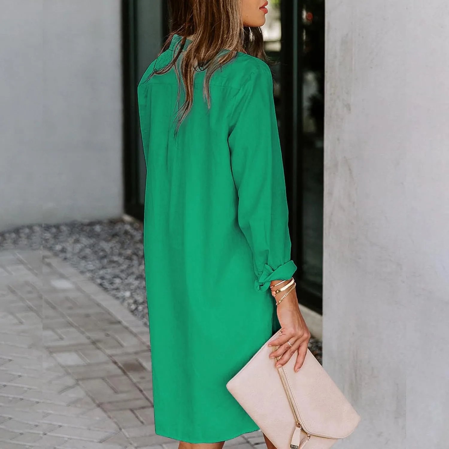 Casual Tunic Dress for Women Fashion Solid Long Sleeve Button Up T Shirt Dress Club Summer Baby Shower Outfit for Guest