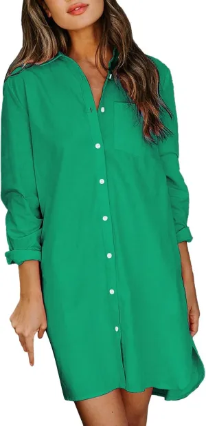 Casual Tunic Dress for Women Fashion Solid Long Sleeve Button Up T Shirt Dress Club Summer Baby Shower Outfit for Guest