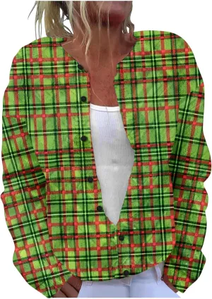 Christmas Plus Size Sweater for Women 2024 Cute Xmas Printed Cardigans Sweater Open Front Button Down Knit Jacket Coat