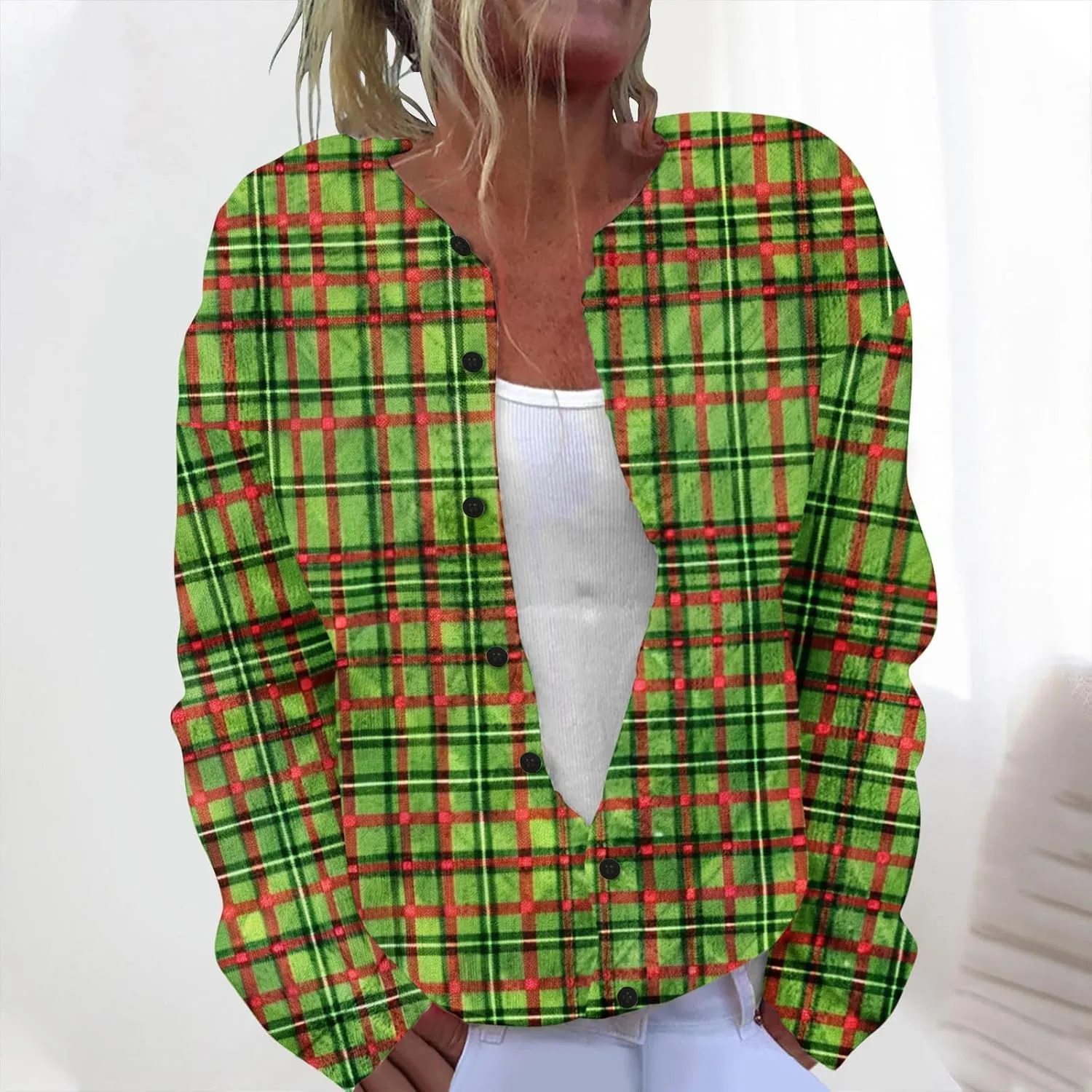 Christmas Plus Size Sweater for Women 2024 Cute Xmas Printed Cardigans Sweater Open Front Button Down Knit Jacket Coat