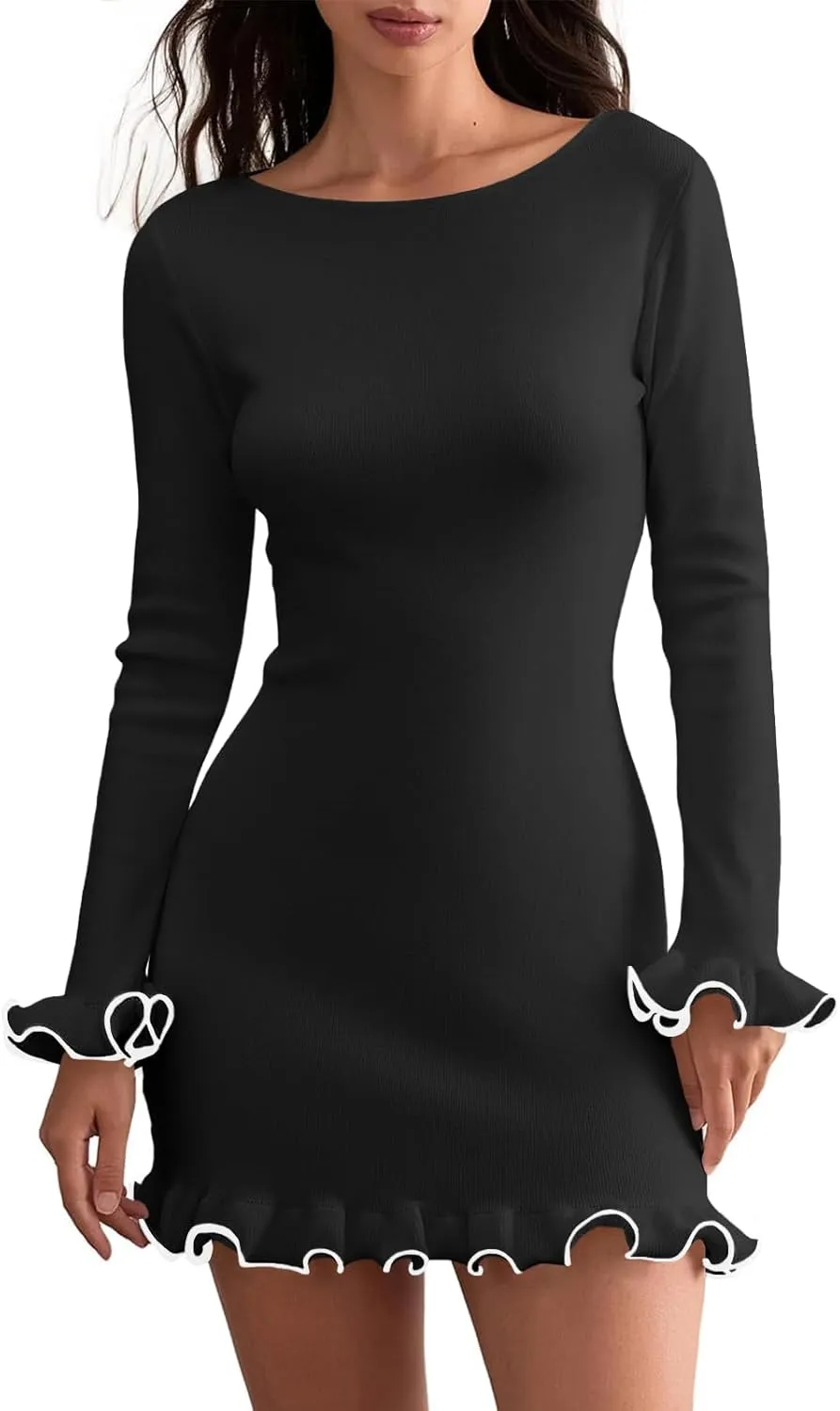 Cicy Bell Womens Ruffle Long Sleeve Mini Dress Bodycon Boat Neck Ribbed Knit Sweater Dresses Elegant Outfits