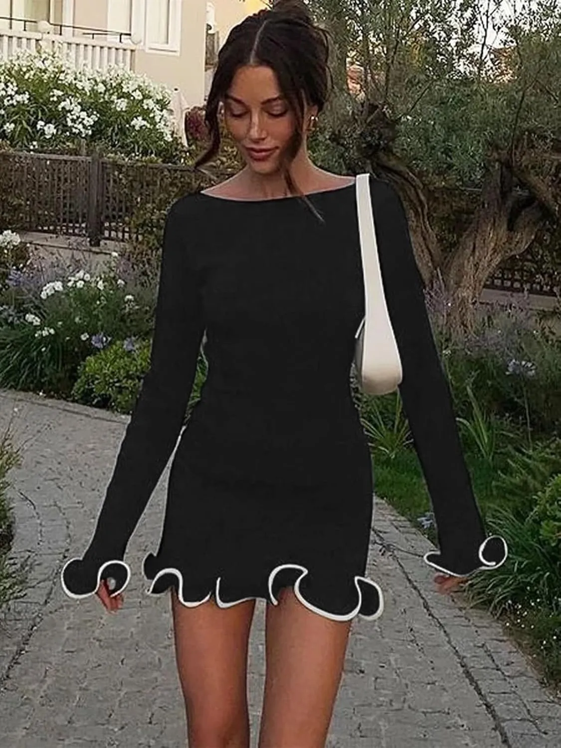 Cicy Bell Womens Ruffle Long Sleeve Mini Dress Bodycon Boat Neck Ribbed Knit Sweater Dresses Elegant Outfits