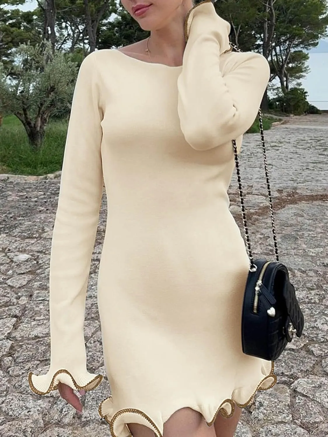 Cicy Bell Womens Ruffle Long Sleeve Mini Dress Bodycon Boat Neck Ribbed Knit Sweater Dresses Elegant Outfits