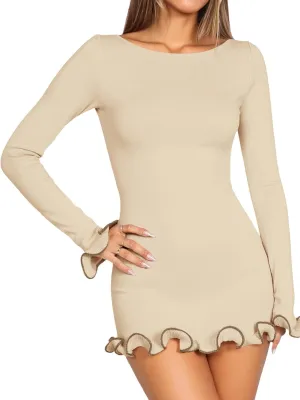 Cicy Bell Womens Ruffle Long Sleeve Mini Dress Bodycon Boat Neck Ribbed Knit Sweater Dresses Elegant Outfits