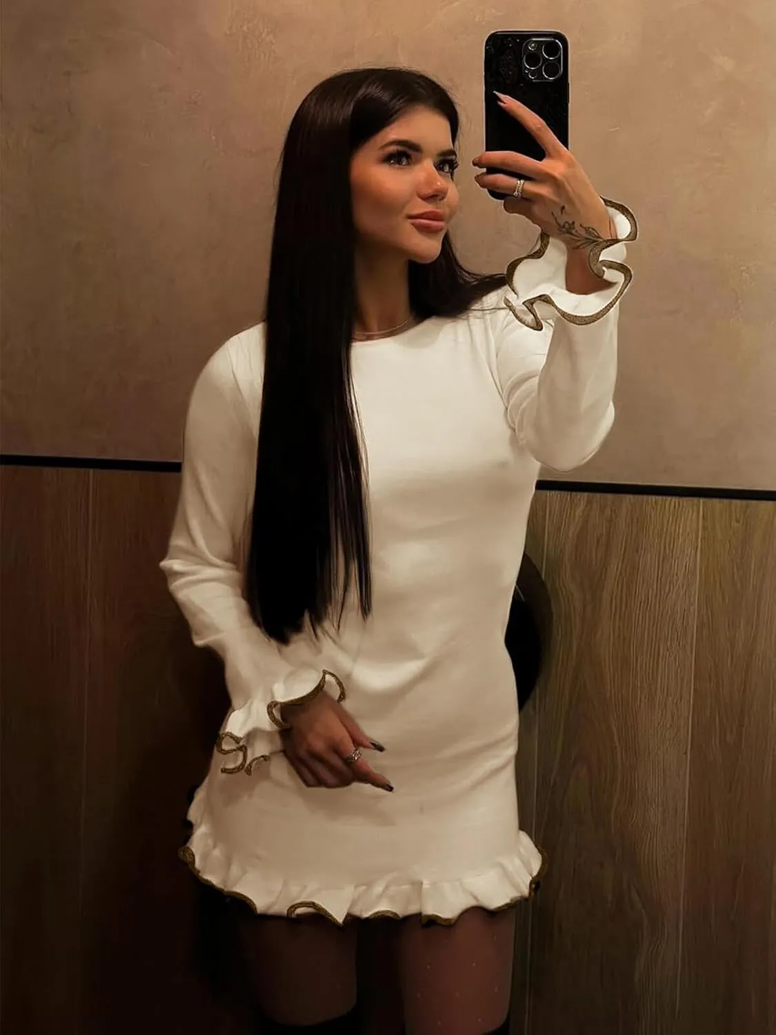 Cicy Bell Womens Ruffle Long Sleeve Mini Dress Bodycon Boat Neck Ribbed Knit Sweater Dresses Elegant Outfits