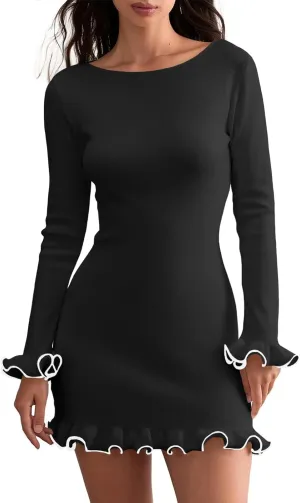Cicy Bell Womens Ruffle Long Sleeve Mini Dress Bodycon Boat Neck Ribbed Knit Sweater Dresses Elegant Outfits