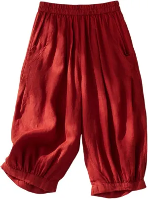 Cotton Linen Bermuda Shorts for Women Comfy Loose Harem Shorts Casual Breathable Pure Color Shorts with Pockets 2024