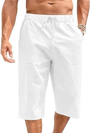 Cotton Linen Capri Pants for Men Elastic Waist Drawstring Casual Lightweight Baggy Pants Outdoor Beach Yoga Sweatpants