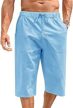 Cotton Linen Capri Pants for Men Elastic Waist Drawstring Casual Lightweight Baggy Pants Outdoor Beach Yoga Sweatpants