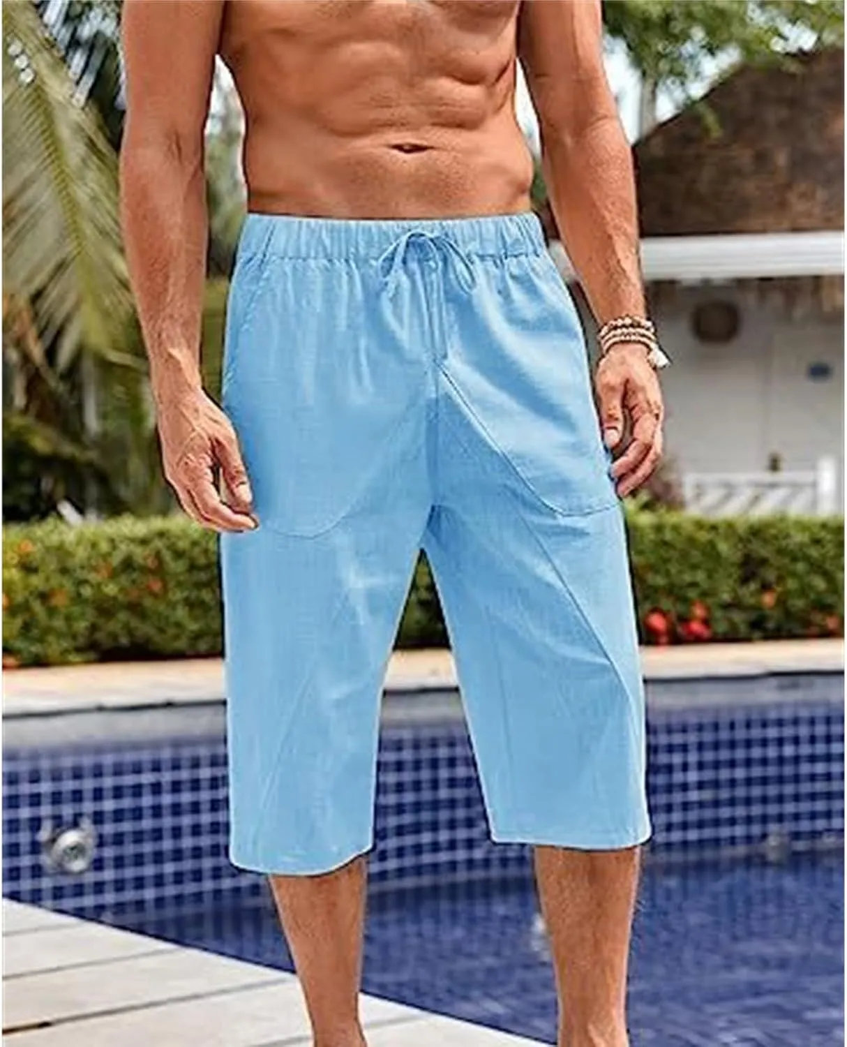 Cotton Linen Capri Pants for Men Elastic Waist Drawstring Casual Lightweight Baggy Pants Outdoor Beach Yoga Sweatpants