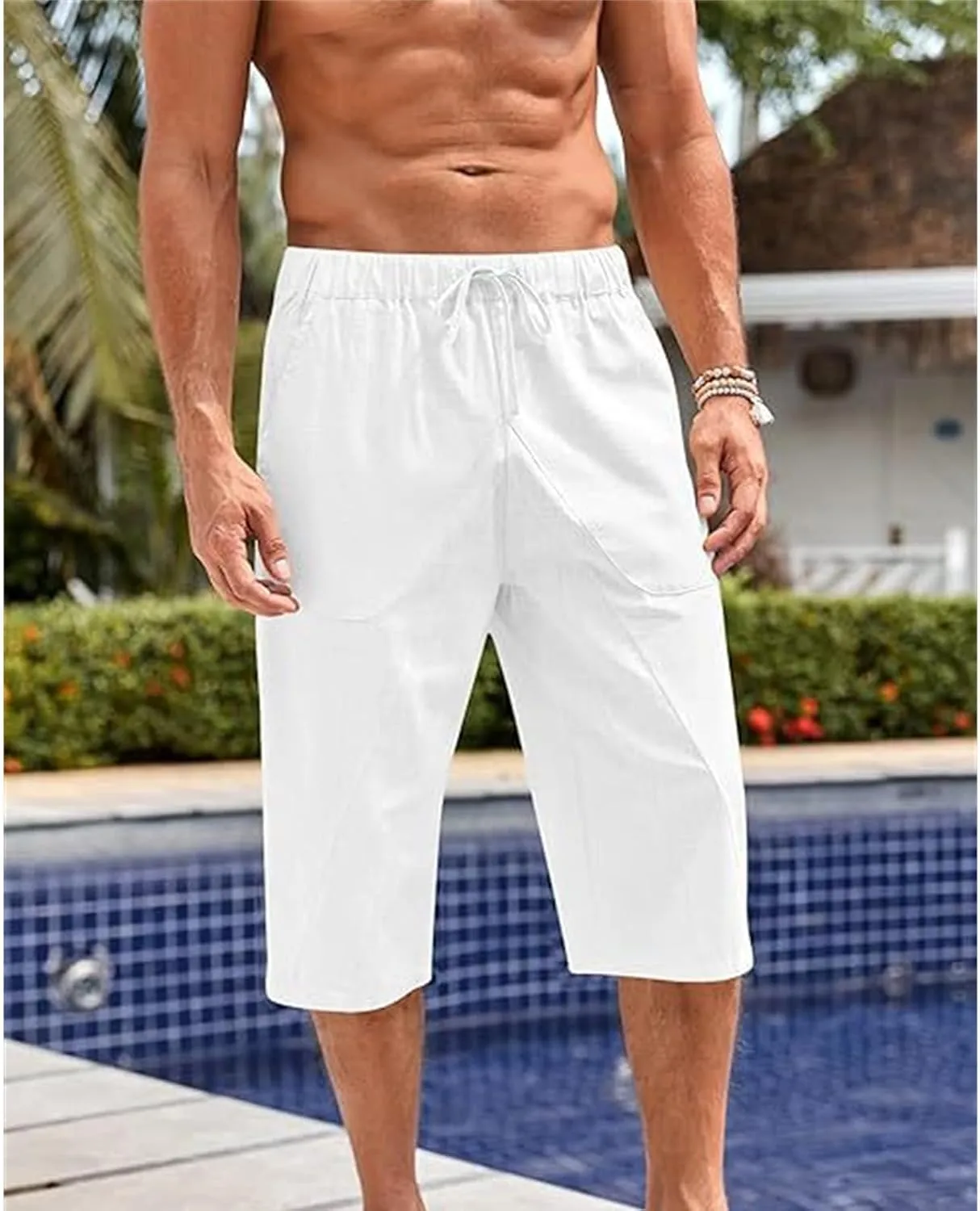 Cotton Linen Capri Pants for Men Elastic Waist Drawstring Casual Lightweight Baggy Pants Outdoor Beach Yoga Sweatpants