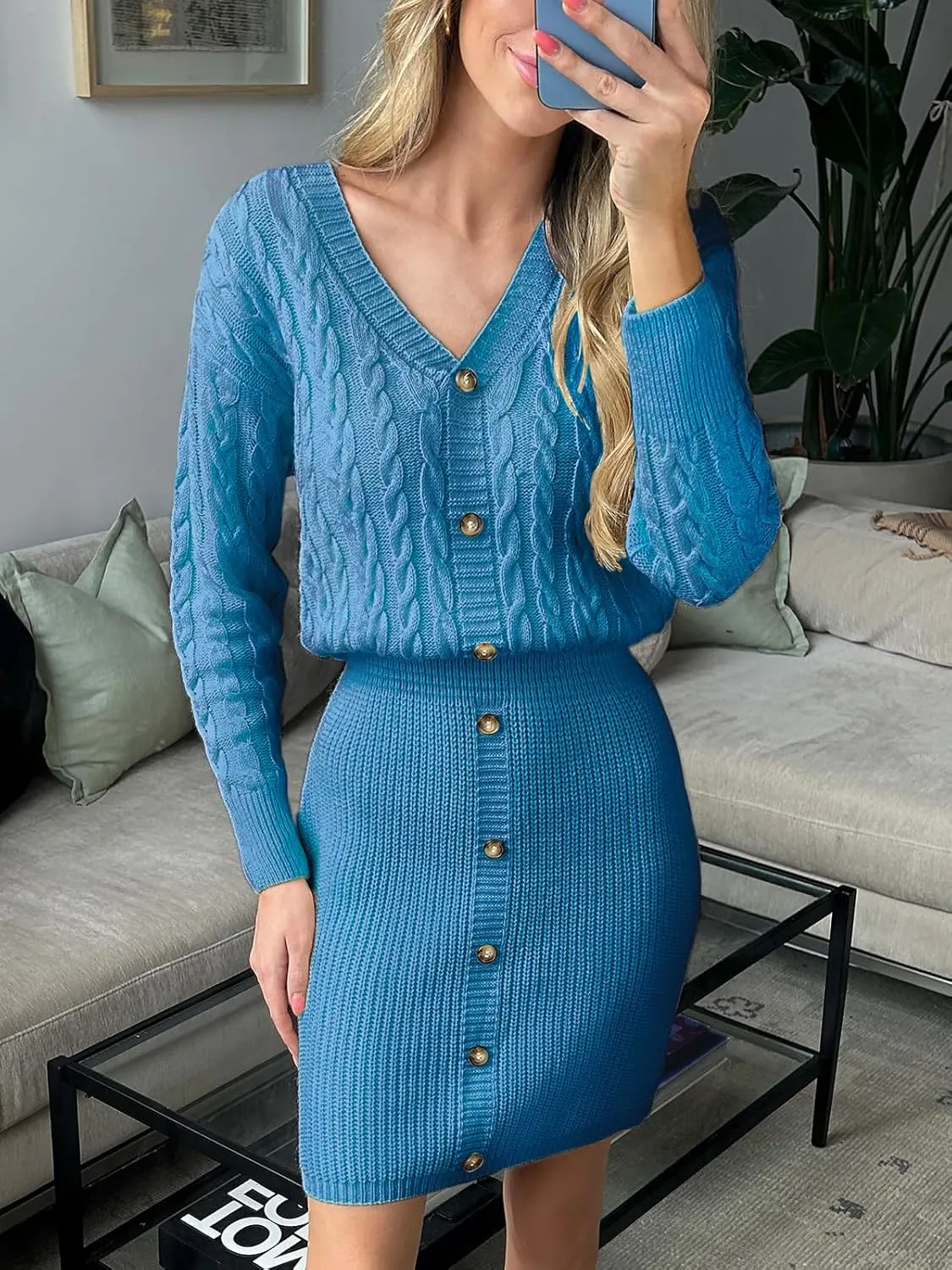 CUPSHE Women V Neck Long Sleeve Cable Knit Trendy Bodycon Pullover Mini Sweater Dress