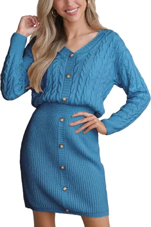 CUPSHE Women V Neck Long Sleeve Cable Knit Trendy Bodycon Pullover Mini Sweater Dress