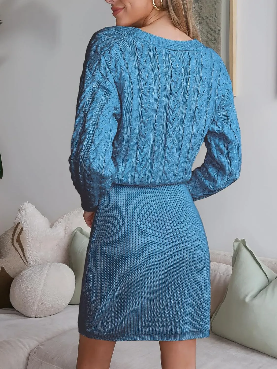 CUPSHE Women V Neck Long Sleeve Cable Knit Trendy Bodycon Pullover Mini Sweater Dress