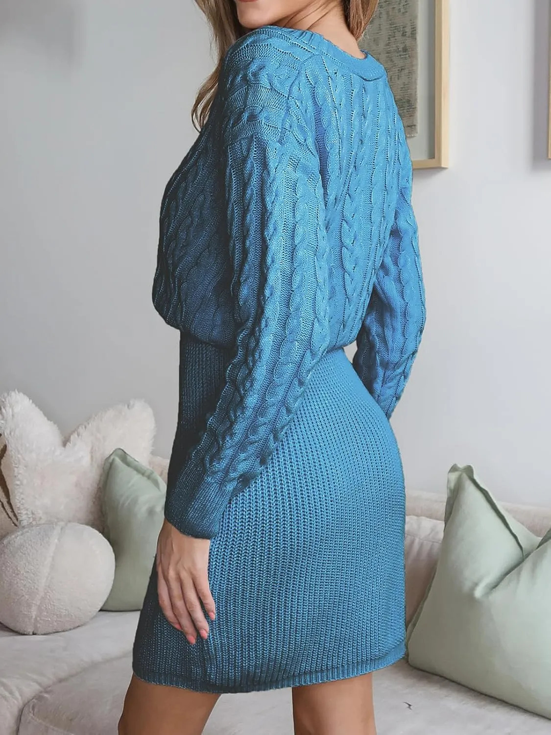 CUPSHE Women V Neck Long Sleeve Cable Knit Trendy Bodycon Pullover Mini Sweater Dress