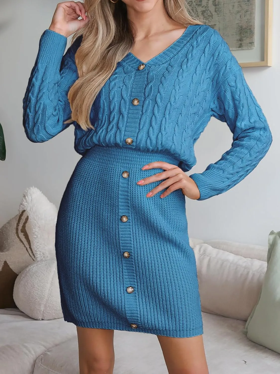 CUPSHE Women V Neck Long Sleeve Cable Knit Trendy Bodycon Pullover Mini Sweater Dress