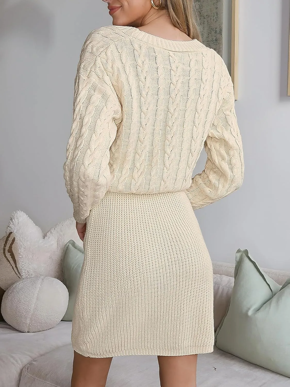 CUPSHE Women V Neck Long Sleeve Cable Knit Trendy Bodycon Pullover Mini Sweater Dress
