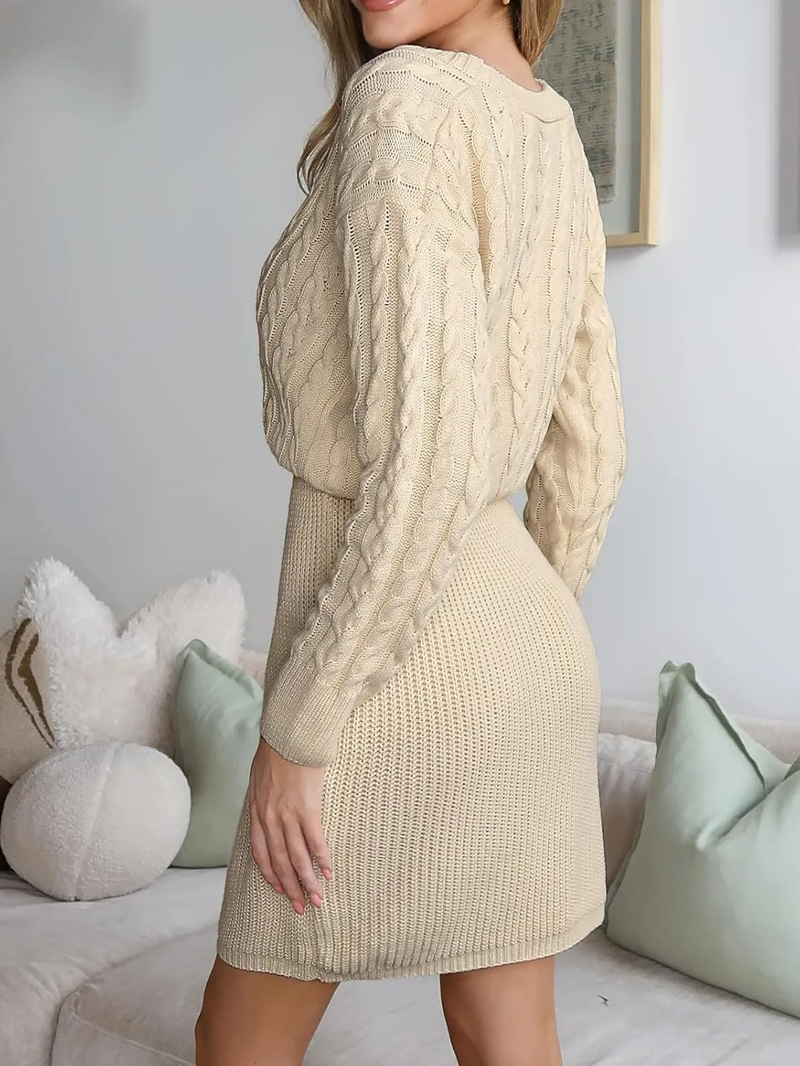CUPSHE Women V Neck Long Sleeve Cable Knit Trendy Bodycon Pullover Mini Sweater Dress