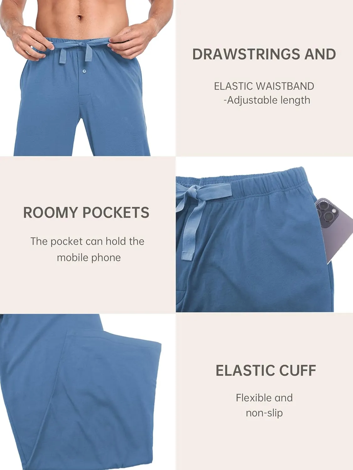 EA'S SECRET Men's 100% Cotton Pajama Bottoms Stretch Waist Soft Drawstring Sleep Lounge Pj Pants with Pockets