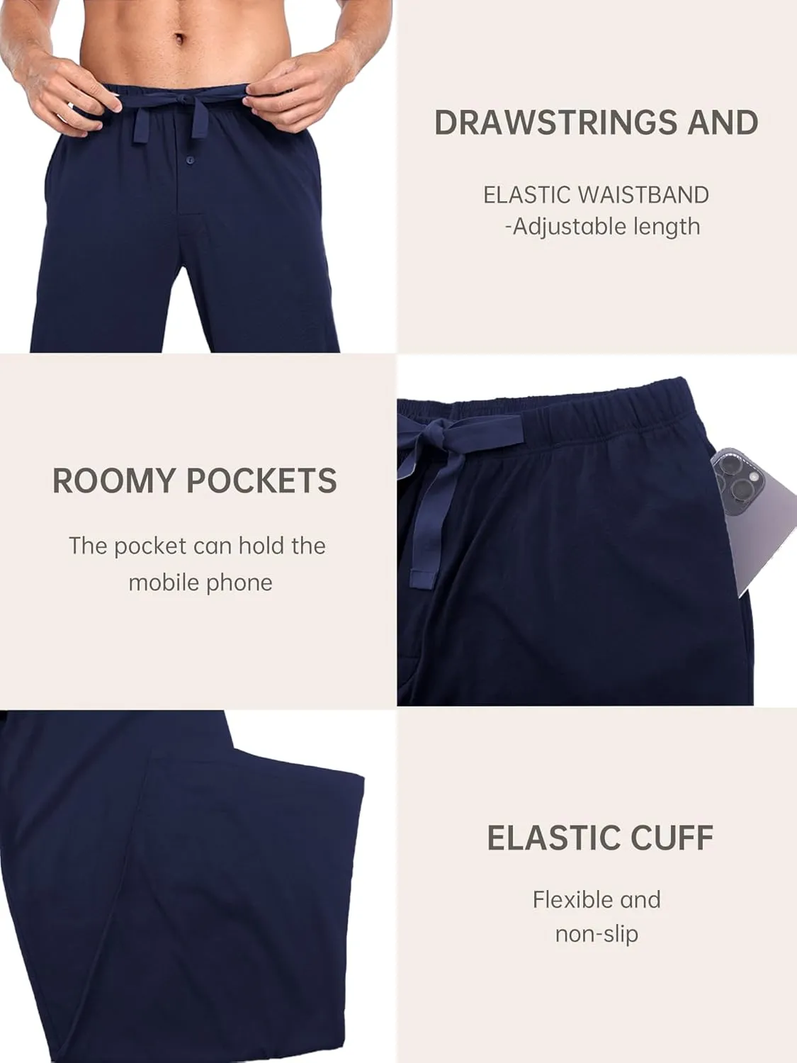 EA'S SECRET Men's 100% Cotton Pajama Bottoms Stretch Waist Soft Drawstring Sleep Lounge Pj Pants with Pockets