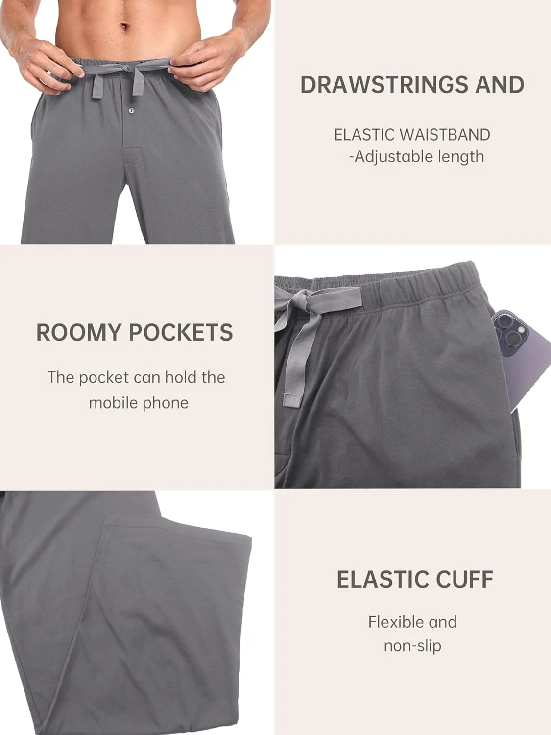 EA'S SECRET Men's 100% Cotton Pajama Bottoms Stretch Waist Soft Drawstring Sleep Lounge Pj Pants with Pockets