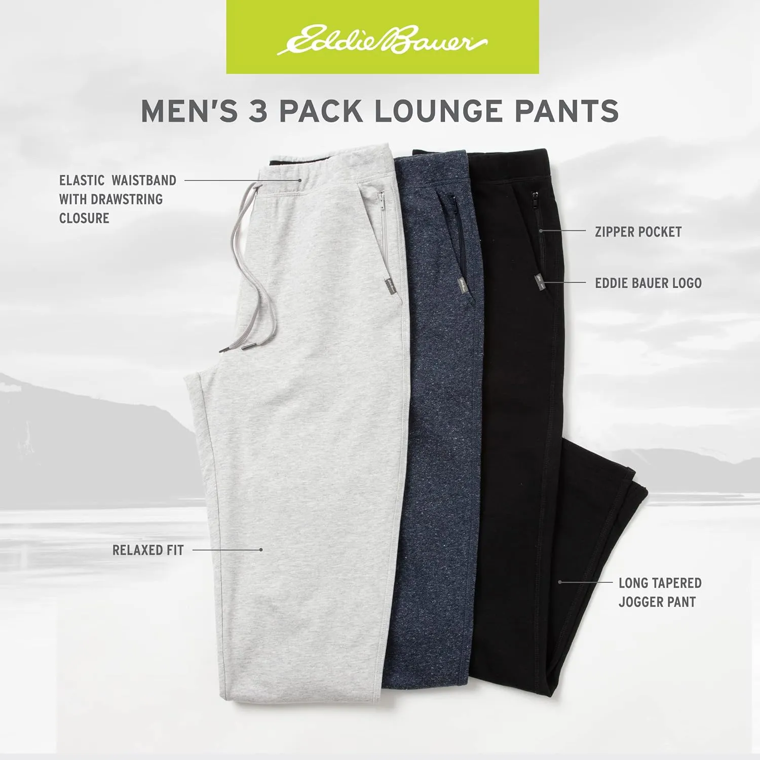 Eddie Bauer 3Pk Mens Pajama Pants - Cotton Knit Mens Lounge Pants with Pockets | Jogger Sleep Pants for Men