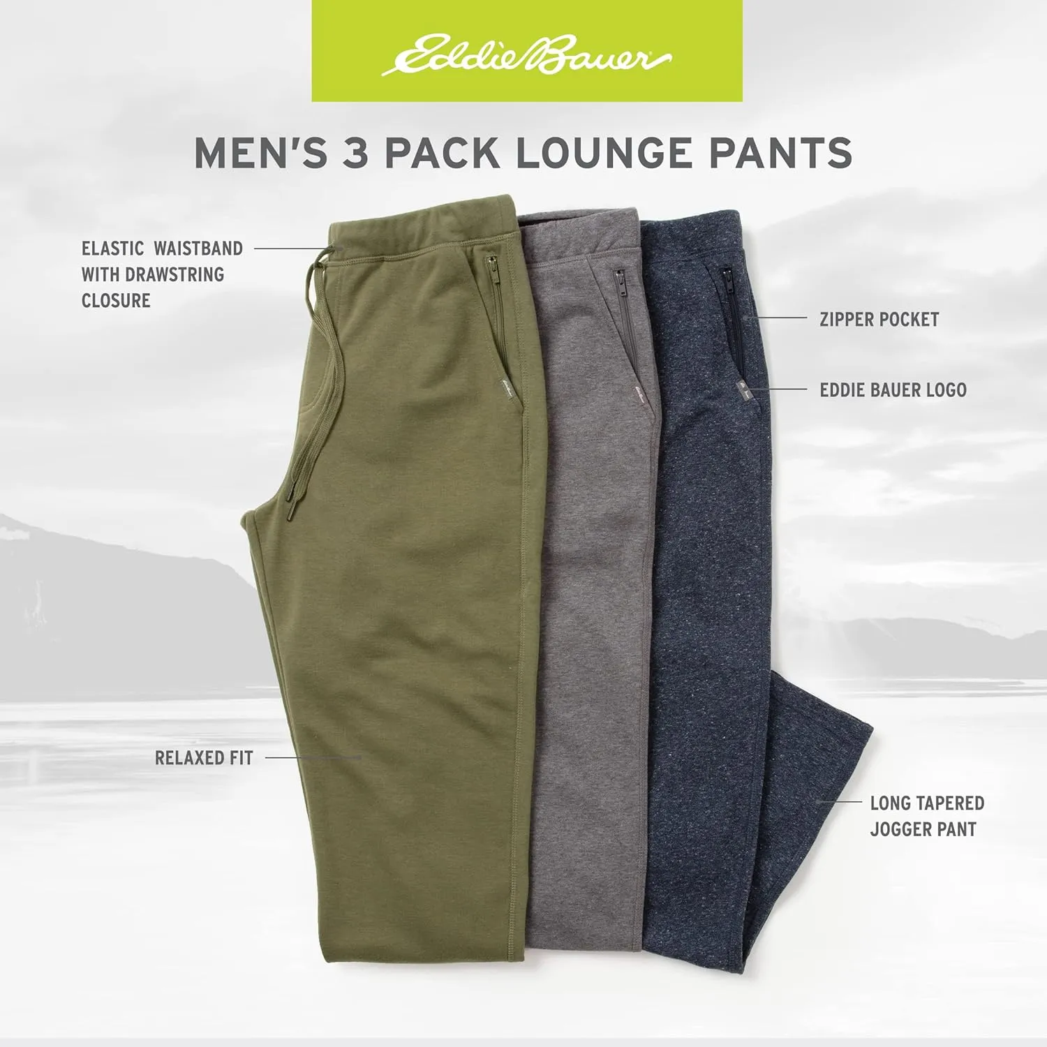 Eddie Bauer 3Pk Mens Pajama Pants - Cotton Knit Mens Lounge Pants with Pockets | Jogger Sleep Pants for Men