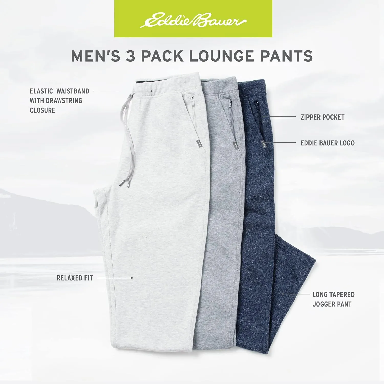 Eddie Bauer 3Pk Mens Pajama Pants - Cotton Knit Mens Lounge Pants with Pockets | Jogger Sleep Pants for Men