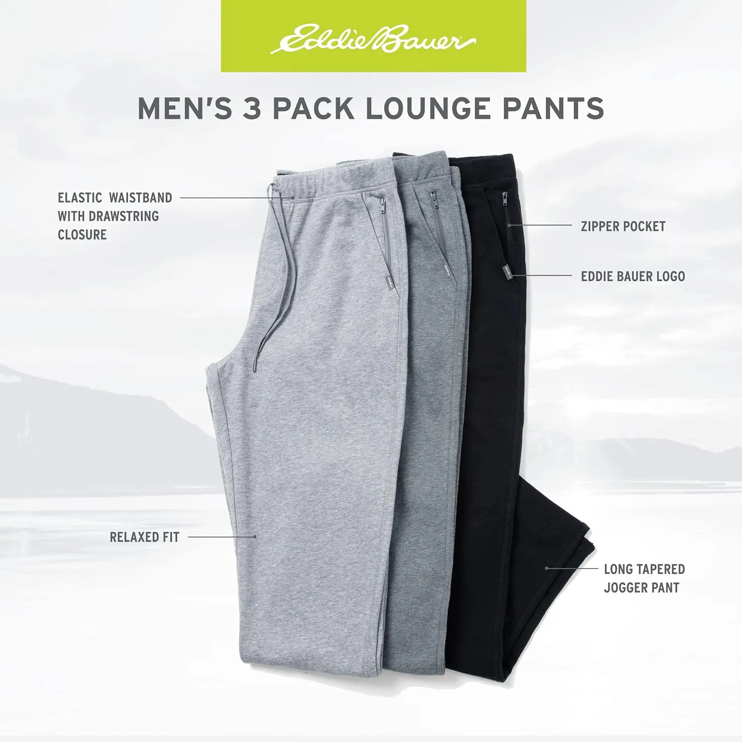 Eddie Bauer 3Pk Mens Pajama Pants - Cotton Knit Mens Lounge Pants with Pockets | Jogger Sleep Pants for Men
