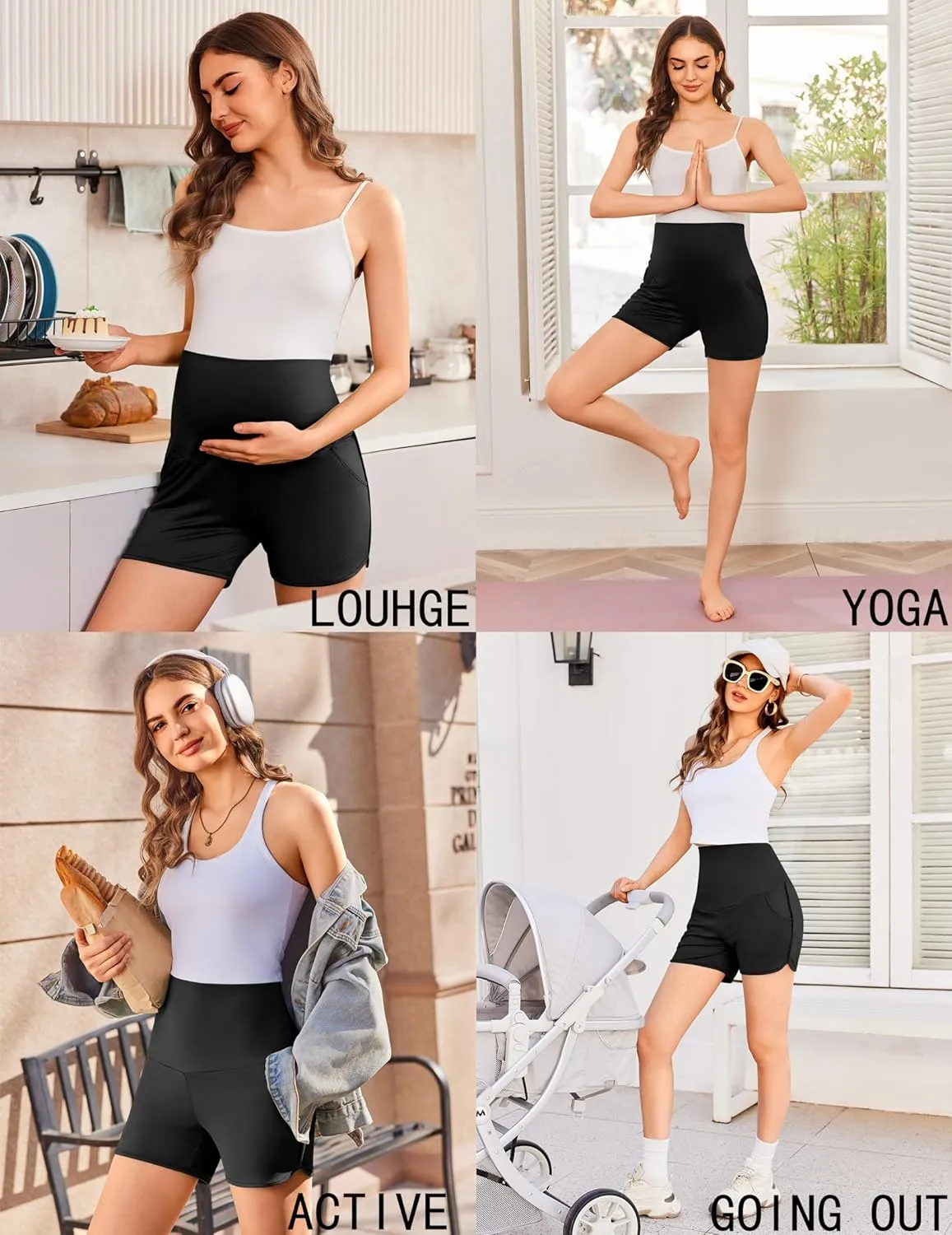 Ekouaer 2 Pack Women's Maternity Shorts Over Belly Pregnancy Lounge Summer Workout Running Sleep Shorts with Pockets S-XXL