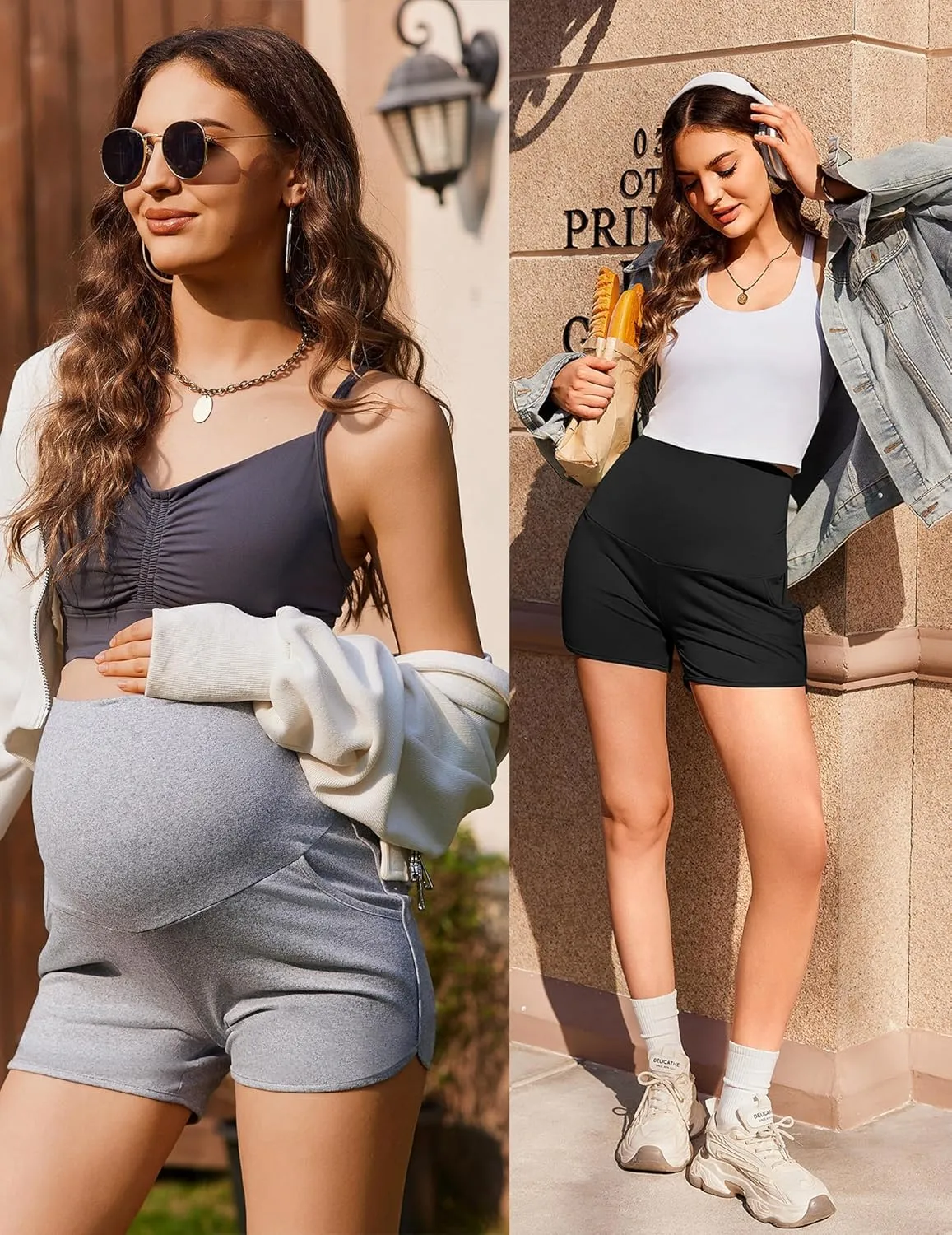 Ekouaer 2 Pack Women's Maternity Shorts Over Belly Pregnancy Lounge Summer Workout Running Sleep Shorts with Pockets S-XXL