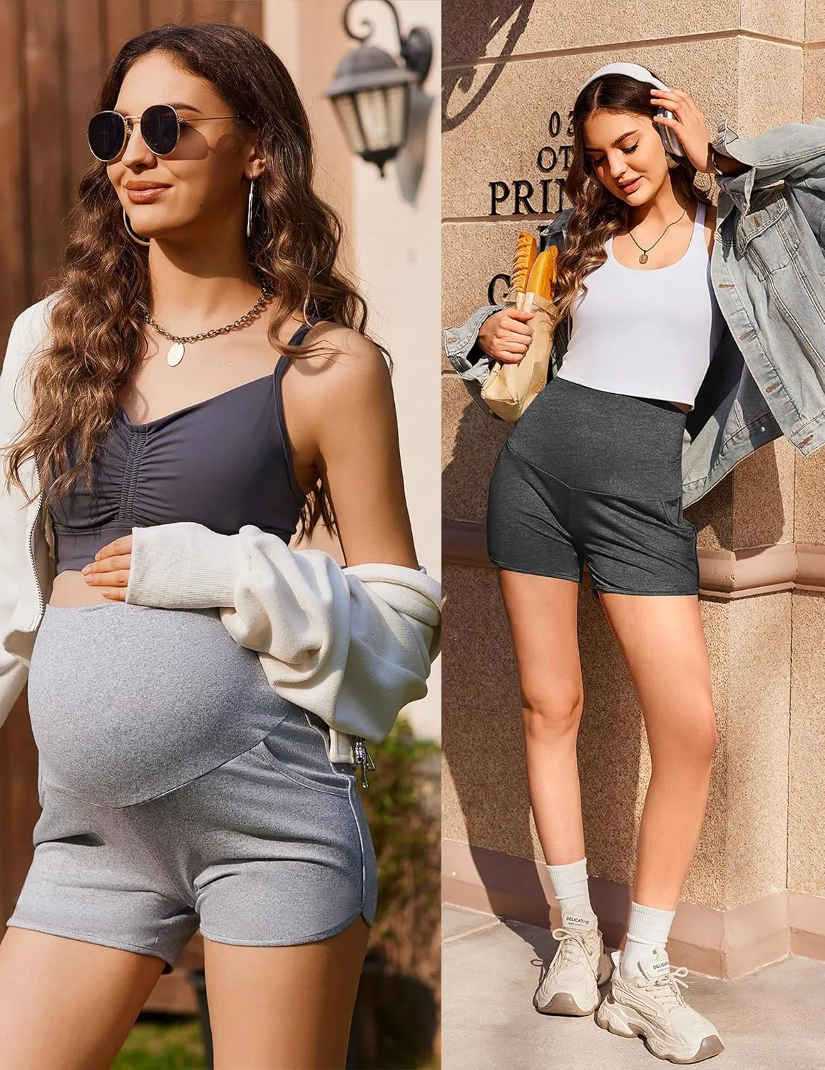 Ekouaer 2 Pack Women's Maternity Shorts Over Belly Pregnancy Lounge Summer Workout Running Sleep Shorts with Pockets S-XXL