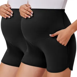 Ekouaer 2 Pack Women's Maternity Shorts Over Belly Pregnancy Lounge Summer Workout Running Sleep Shorts with Pockets S-XXL